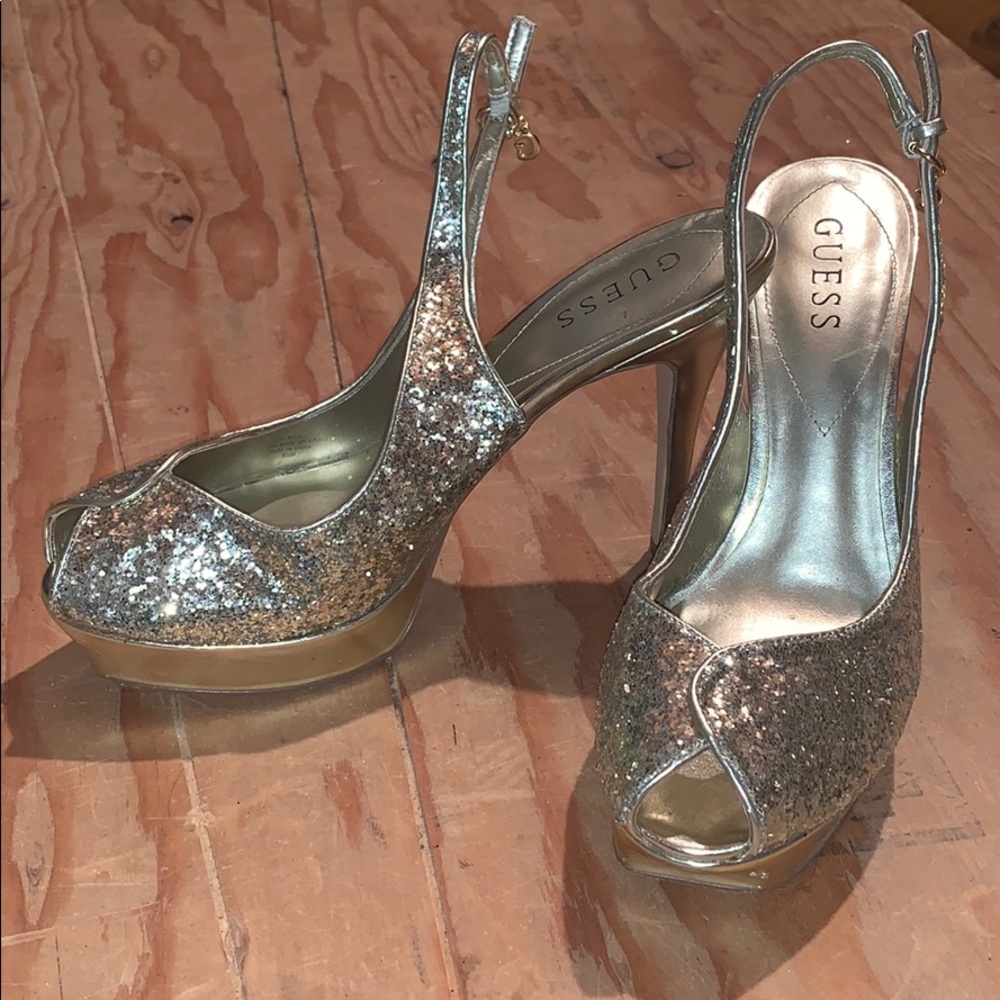 Guess gold glitter peep toe heals